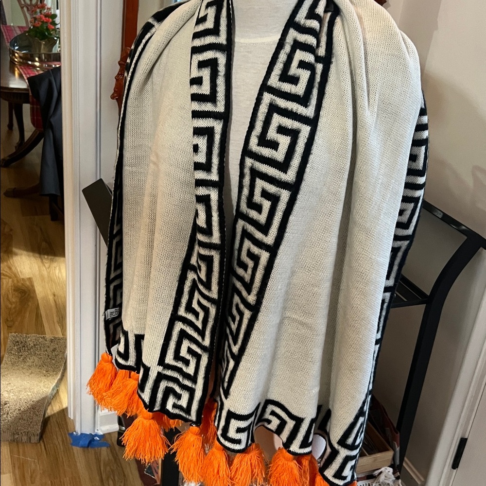 Long Black and White Scarf / Table Runner  with Orange Tassels - Picture 6 of 6